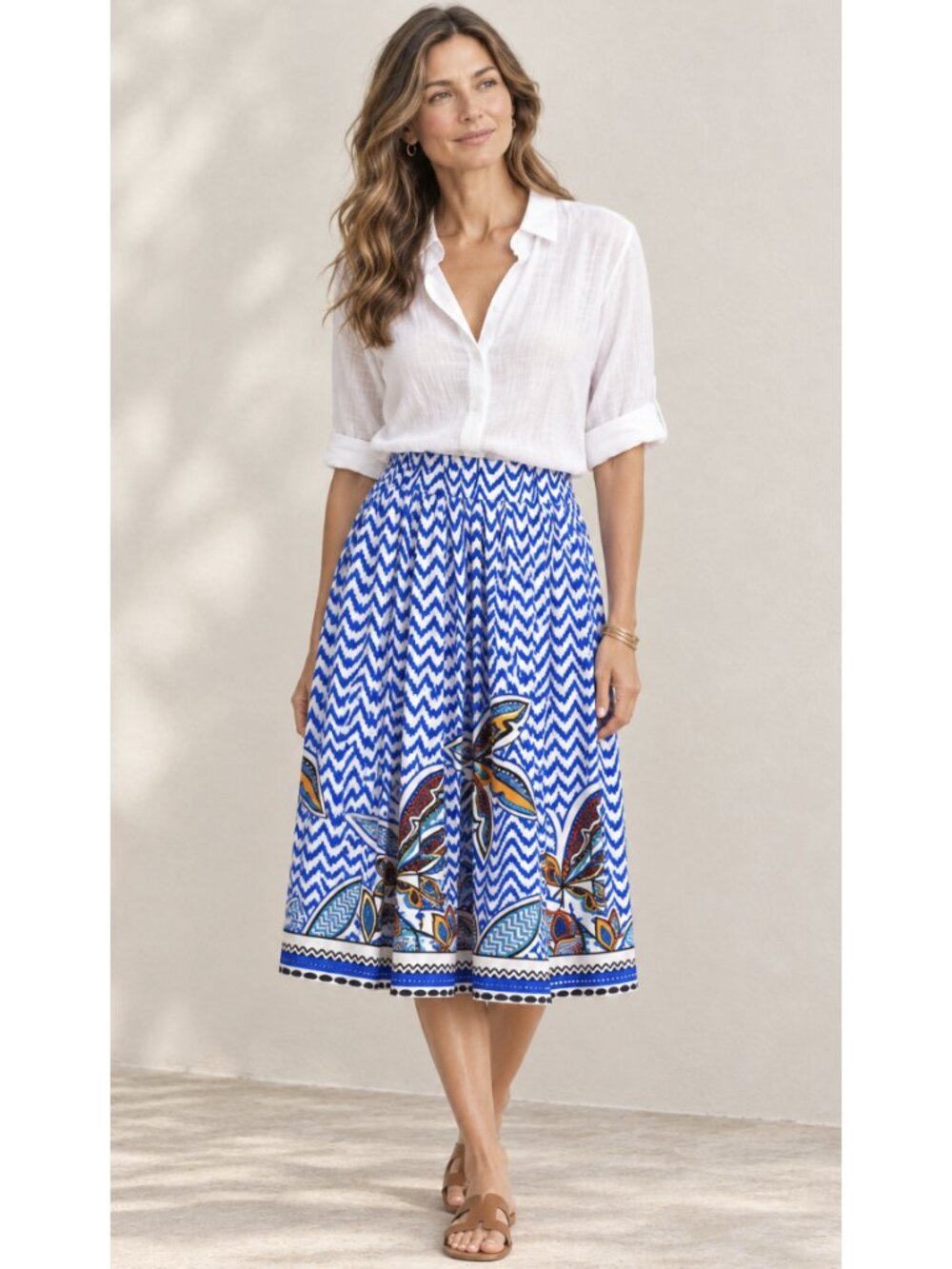HER DESTINY Tropical Palm Print Midi Skirt XL Blue White Boho Resort Vacation